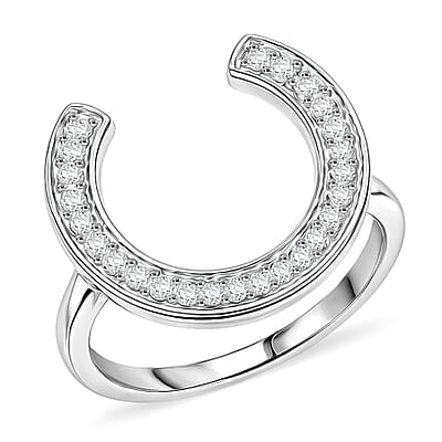 D'Joy White Topaz 1.10 ctw Set of 2 Lucky Horseshoe Blossom Ring in Rhodium Over Sterling Silver (Size 5.0)