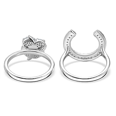 D'Joy White Topaz 1.10 ctw Set of 2 Lucky Horseshoe Blossom Ring in Rhodium Over Sterling Silver (Size 5.0)