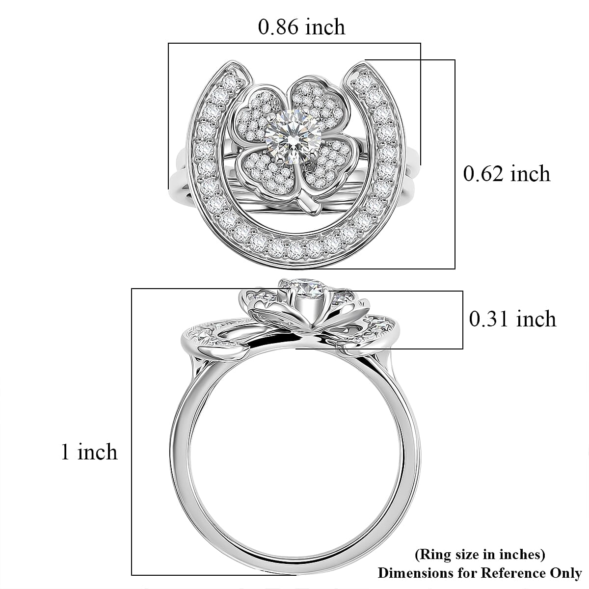 D'Joy White Topaz 1.10 ctw Set of 2 Lucky Horseshoe Blossom Ring in Rhodium Over Sterling Silver (Size 5.0)