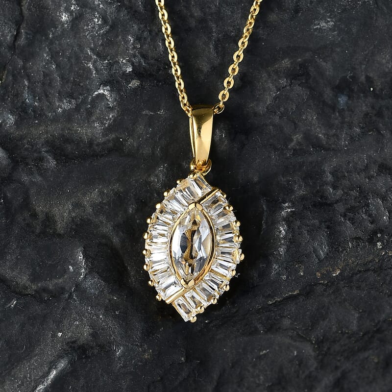 D'Joy White Topaz 1.65 ctw Radiant Marquise Halo Pendant Necklace in 18K Vermeil Yellow Gold Over Sterling Silver 20 Inches