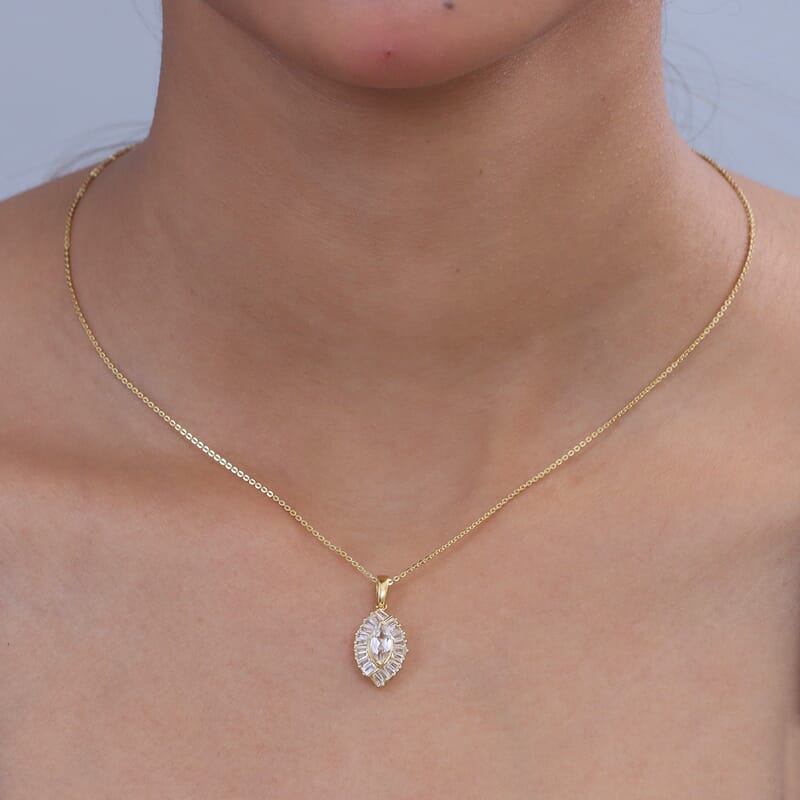 D'Joy White Topaz 1.65 ctw Radiant Marquise Halo Pendant Necklace in 18K Vermeil Yellow Gold Over Sterling Silver 20 Inches