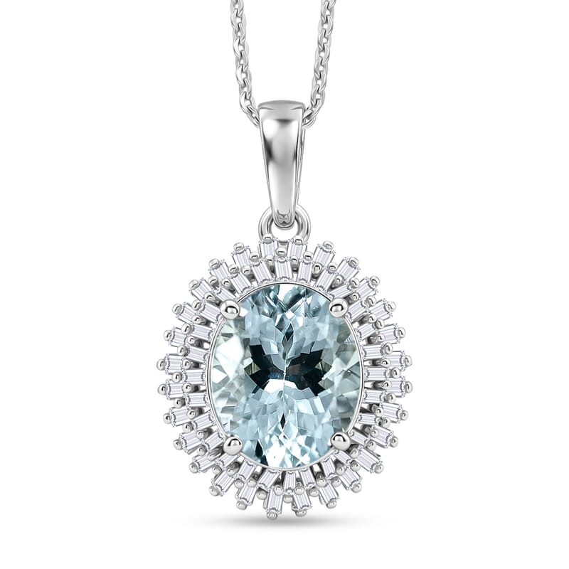 Doorbuster D'Joy Premium Mangoro Santo Aquamarine and Diamond 2.60 ctw Daisy Flower Pendant Necklace in Rhodium Over Sterling Silver (20 Inches)