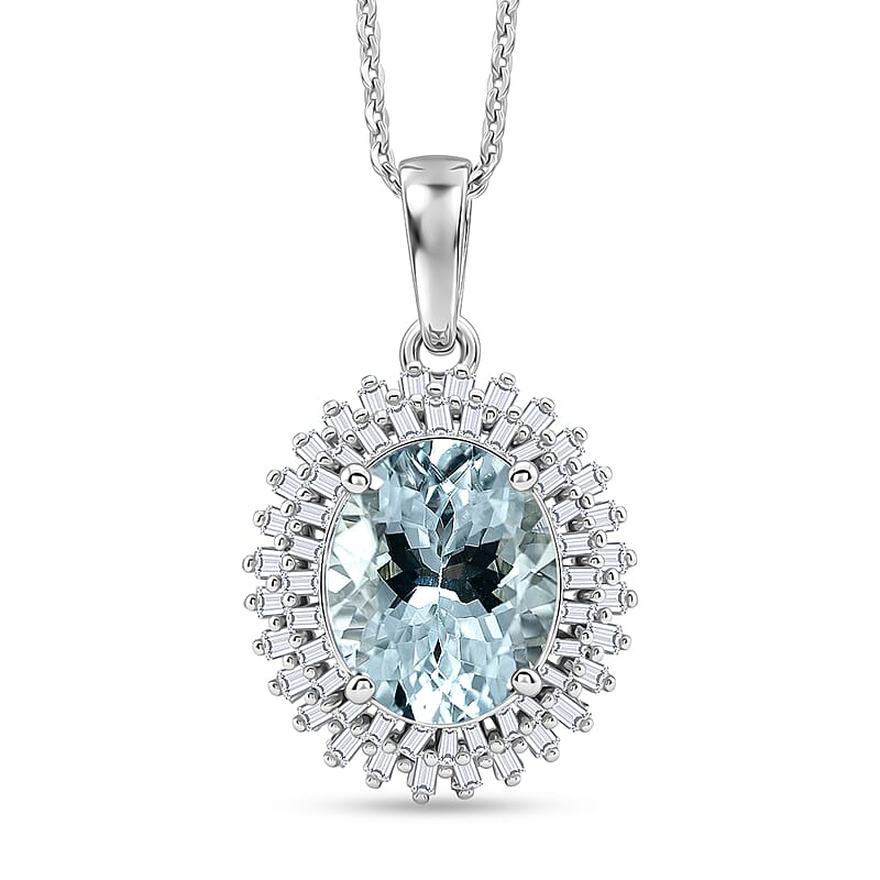 D'Joy Premium Mangoro Santo Aquamarine and Diamond 2.60 ctw Daisy Flower Pendant Necklace in Rhodium Over Sterling Silver (20 Inches)