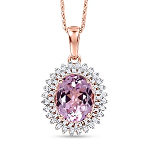 D'Joy Premium Martha Rocha Kunzite, Diamond 3.65 ctw Daisy Flower Pendant Necklace in 18K Vermeil Rose Gold Over Sterling Silver (20 Inches)