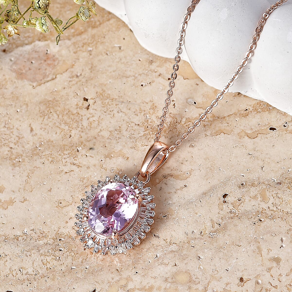 D'Joy Premium Martha Rocha Kunzite, Diamond 3.65 ctw Daisy Flower Pendant Necklace in 18K Vermeil Rose Gold Over Sterling Silver (20 Inches) image number 1
