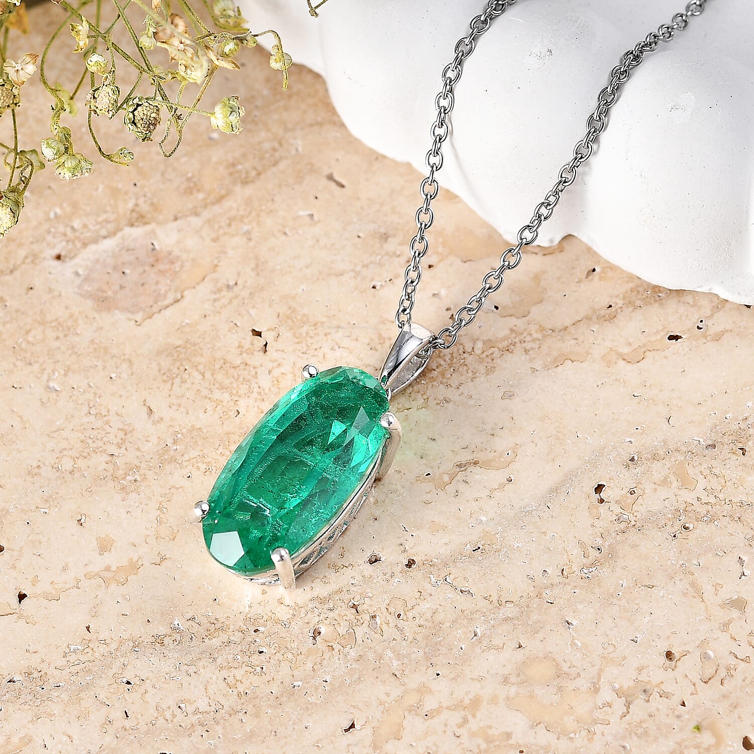 D'Joy Emeraldine Quartz (Triplet) 9.80 ctw Pendant in Platinum Over Sterling Silver with Stainless Steel Necklace (20 Inches)