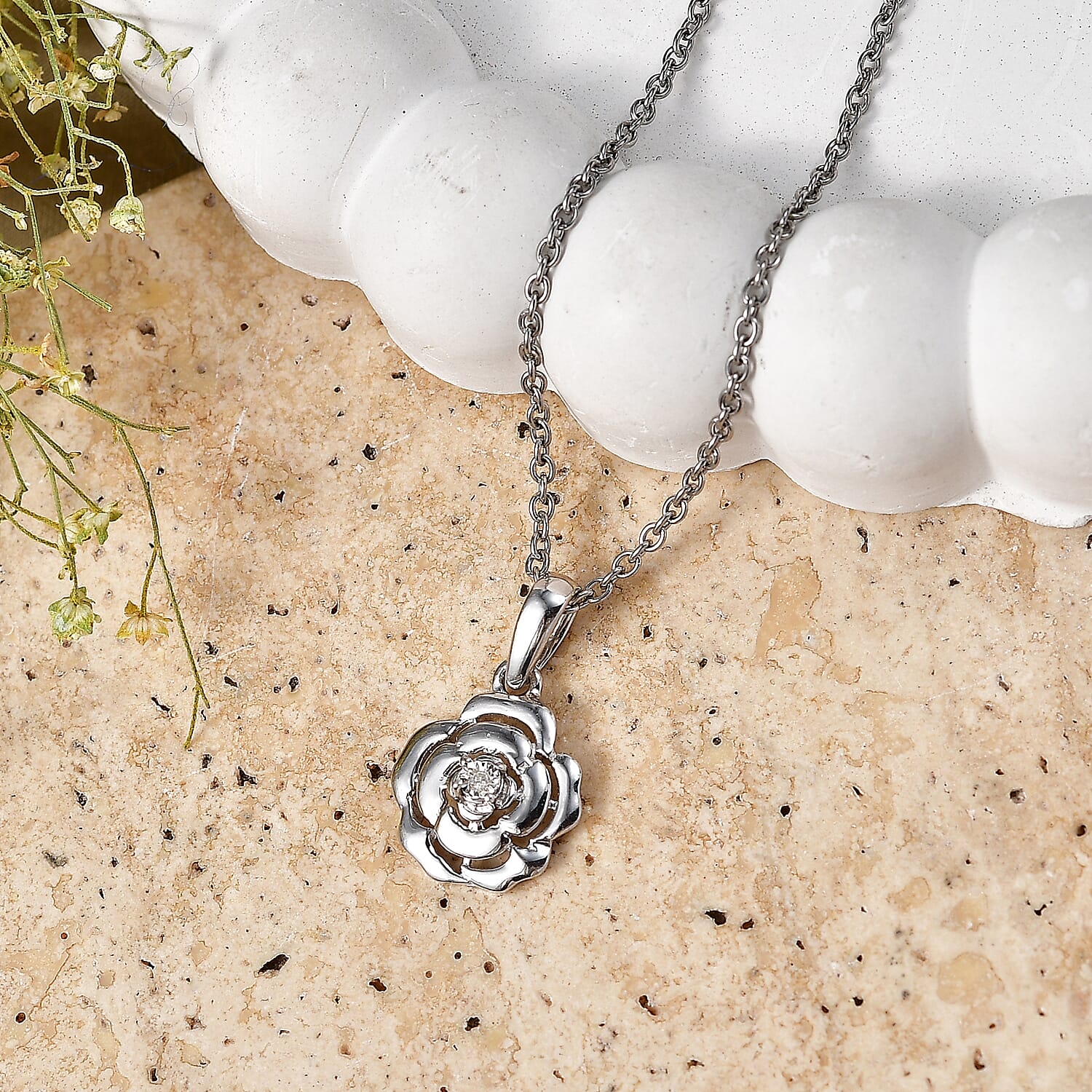 D'Joy Diamond Accent Pendant in Platinum Over Sterling Silver with Stainless Steel Necklace 20 Inches