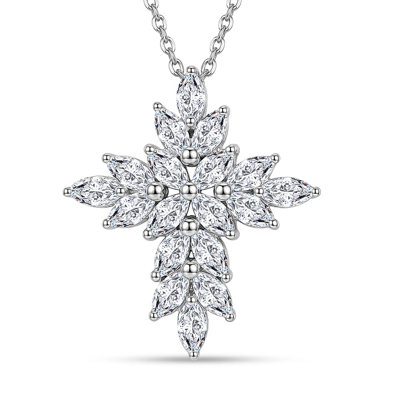 D'Joy White Topaz 3.40 ctw Celestial Cross Pendant Necklace in Rhodium Over Sterling Silver 20 Inches