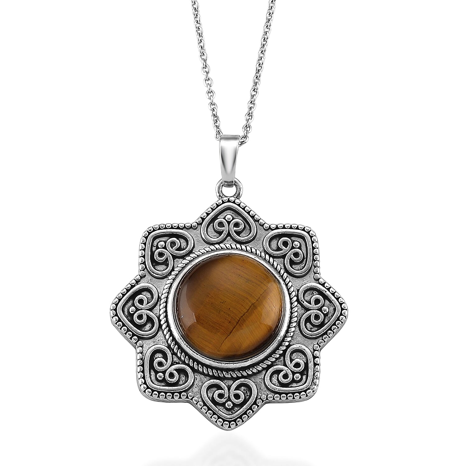 Yellow Tigers Eye 38.00 ctw Pendant in Silvertone with Stainless Steel Necklace 20 Inches