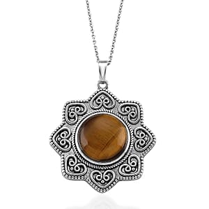 Yellow Tigers Eye 38.00 ctw Pendant in Silvertone with Stainless Steel Necklace 20 Inches