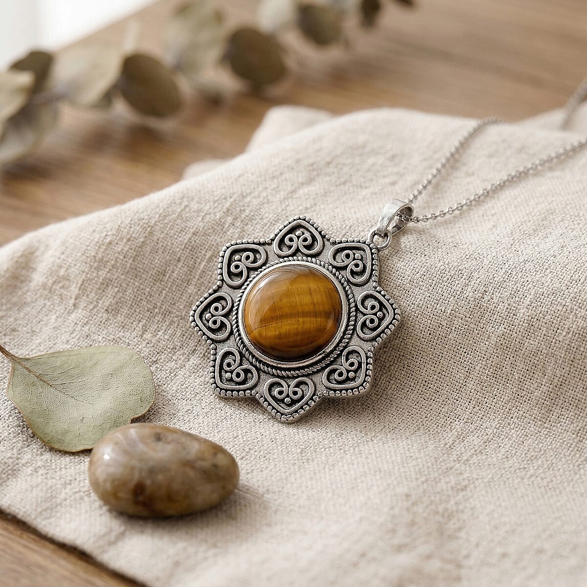 Yellow Tigers Eye 38.00 ctw Pendant in Silvertone with Stainless Steel Necklace 20 Inches image number 1