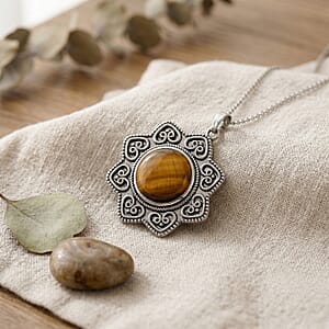 Yellow Tigers Eye 38.00 ctw Pendant in Silvertone with Stainless Steel Necklace 20 Inches