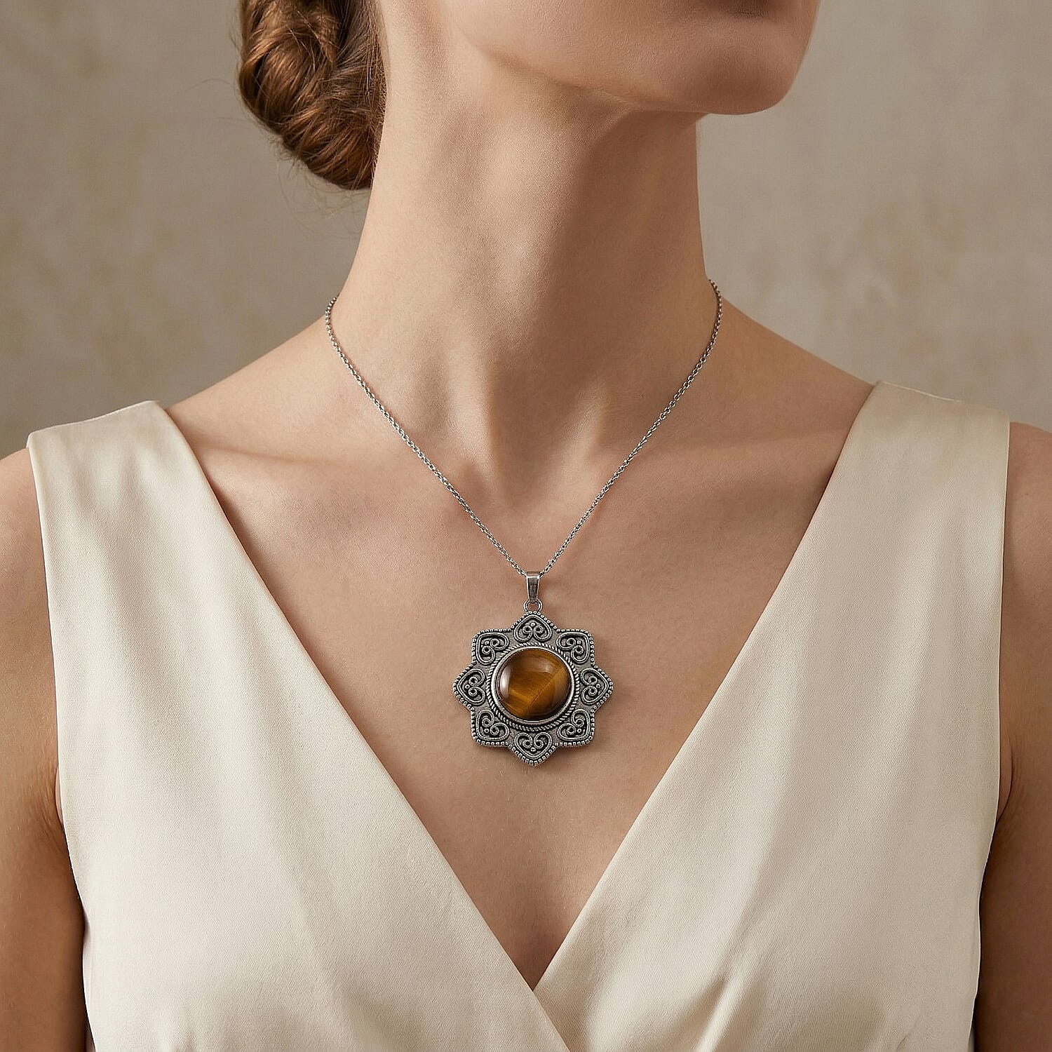 Yellow Tigers Eye 38.00 ctw Pendant in Silvertone with Stainless Steel Necklace 20 Inches