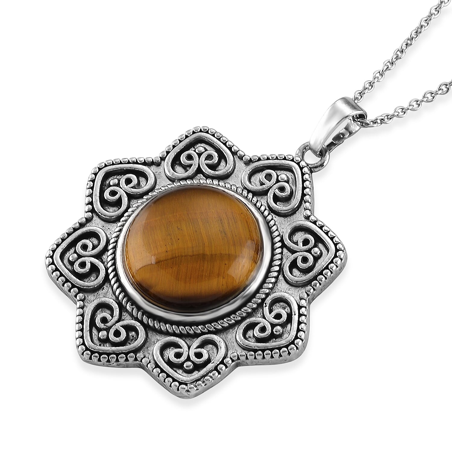 Yellow Tigers Eye 38.00 ctw Pendant in Silvertone with Stainless Steel Necklace 20 Inches