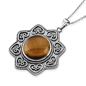 Yellow Tigers Eye 38.00 ctw Pendant in Silvertone with Stainless Steel Necklace 20 Inches