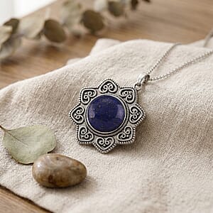 Lapis Lazuli 38.00 ctw Pendant in Silvertone with Stainless Steel Necklace 20 Inches