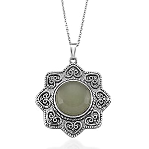 Green Aventurine 38.00 ctw Pendant in Silvertone with Stainless Steel Necklace 20 Inches