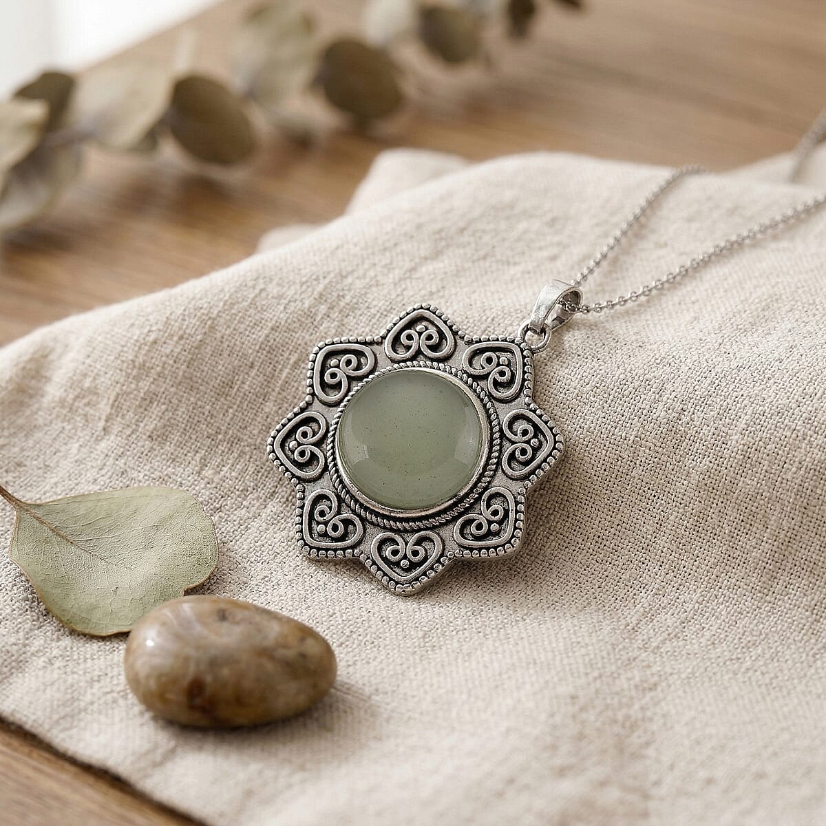 Green Aventurine 38.00 ctw Pendant in Silvertone with Stainless Steel Necklace 20 Inches image number 1