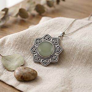 Green Aventurine 38.00 ctw Pendant in Silvertone with Stainless Steel Necklace 20 Inches