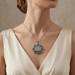 Green Aventurine 38.00 ctw Pendant in Silvertone with Stainless Steel Necklace 20 Inches