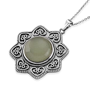 Green Aventurine 38.00 ctw Pendant in Silvertone with Stainless Steel Necklace 20 Inches