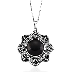 Black Obsidian 38.00 ctw Pendant in Silvertone with Stainless Steel Necklace 20 Inches