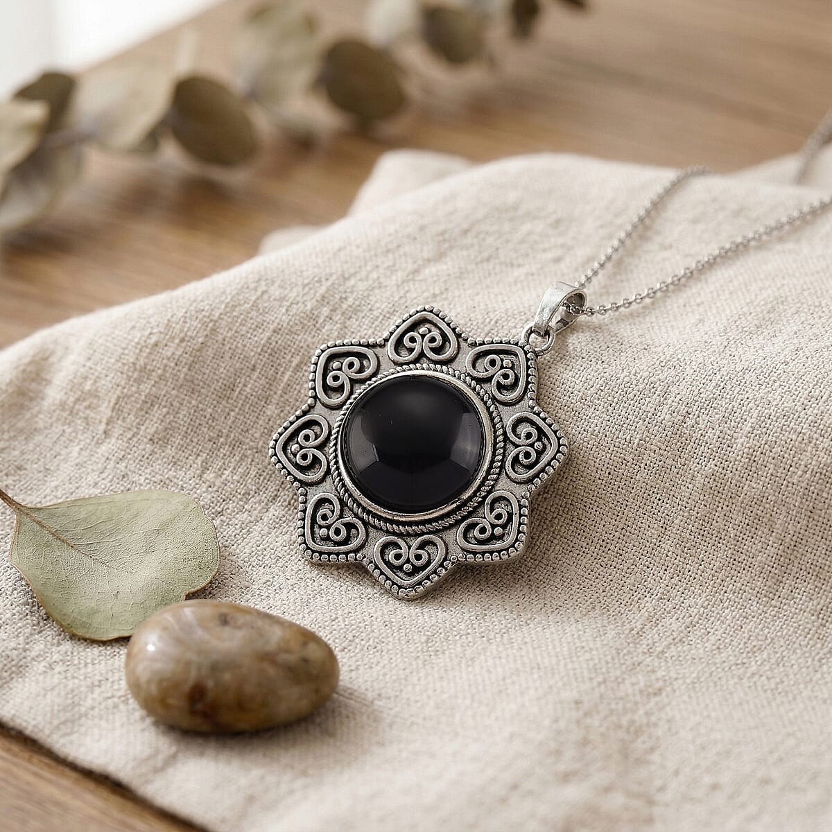 Black Obsidian 38.00 ctw Pendant in Silvertone with Stainless Steel Necklace 20 Inches image number 1