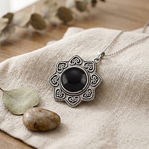 Black Obsidian 38.00 ctw Pendant in Silvertone with Stainless Steel Necklace 20 Inches