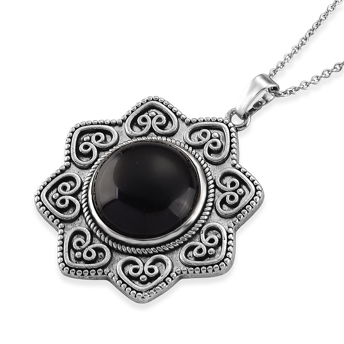 Black Obsidian 38.00 ctw Pendant in Silvertone with Stainless Steel Necklace 20 Inches image number 3