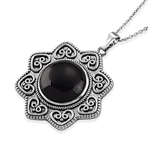 Black Obsidian 38.00 ctw Pendant in Silvertone with Stainless Steel Necklace 20 Inches