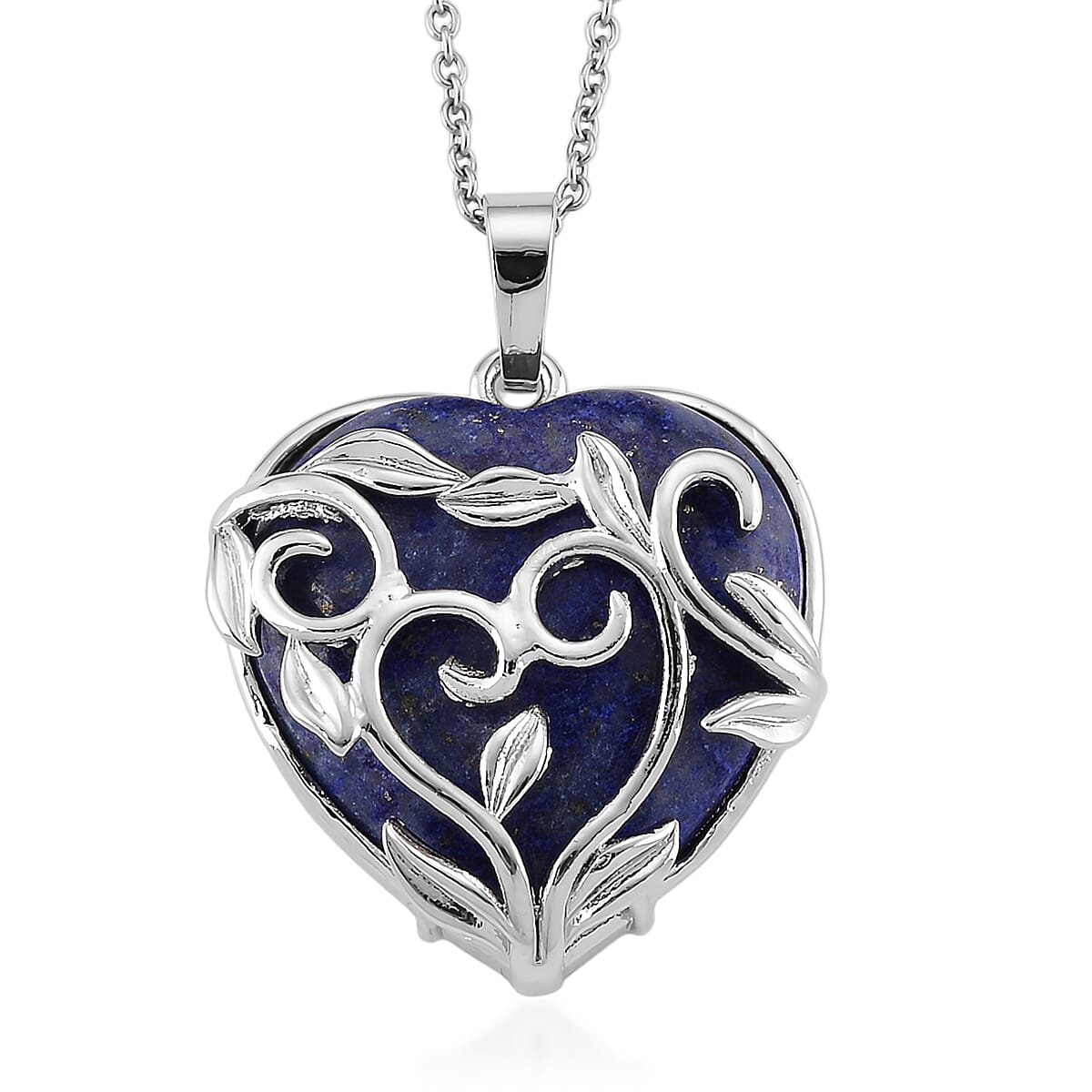 Lapis Lazuli 33.00 ctw Heart Pendant in Silvertone with Stainless Steel Necklace 20 Inches