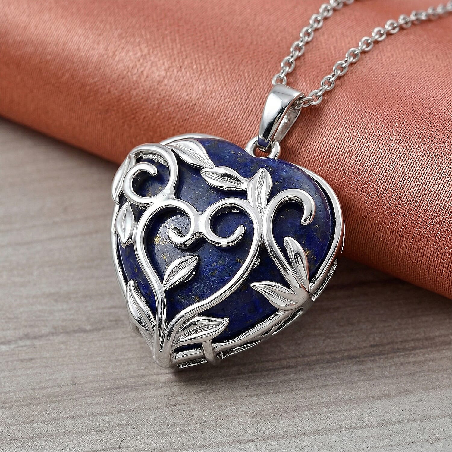 Lapis Lazuli 33.00 ctw Heart Pendant in Silvertone with Stainless Steel Necklace 20 Inches
