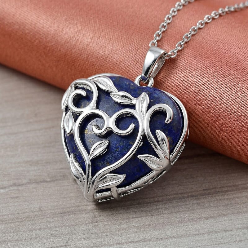 Lapis Lazuli 33.00 ctw Heart Pendant in Silvertone with Stainless Steel Necklace 20 Inches