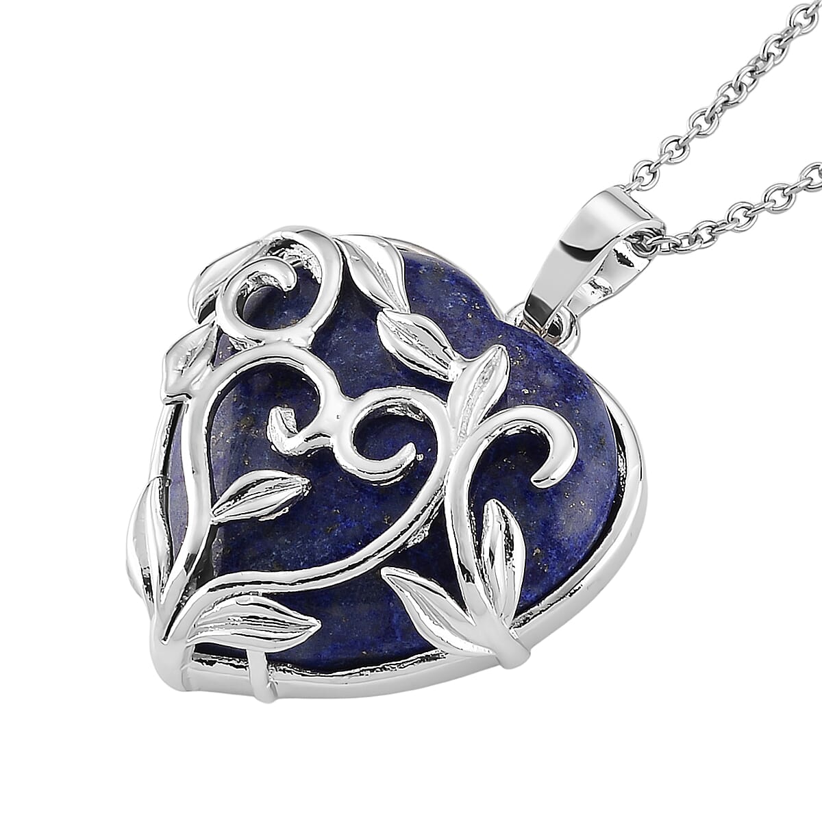 Lapis Lazuli 33.00 ctw Heart Pendant in Silvertone with Stainless Steel Necklace 20 Inches