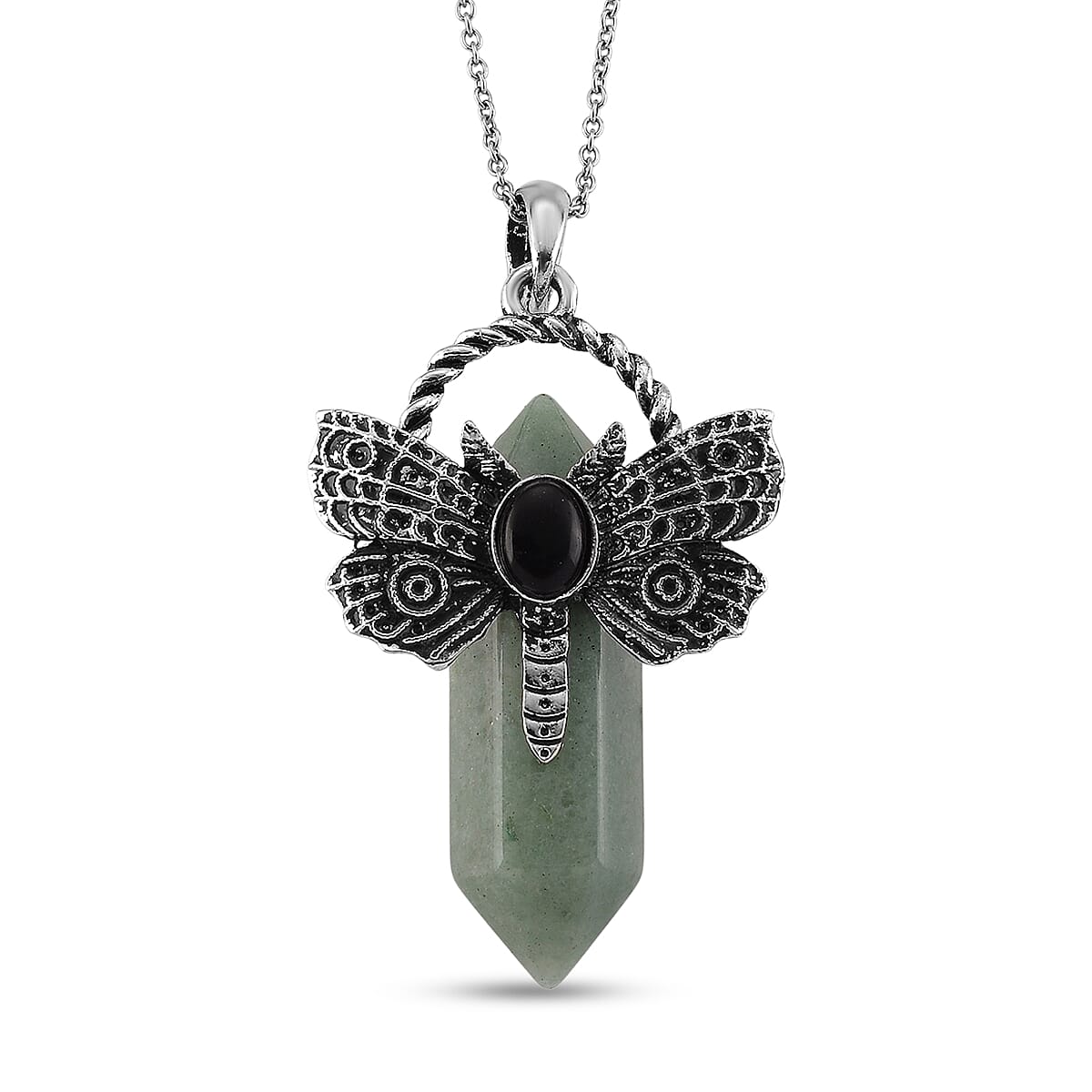 Green Aventurine and Black Austrian Crystal 62.00 ctw Pendant in Silvertone with Stainless Steel Necklace 20 Inches