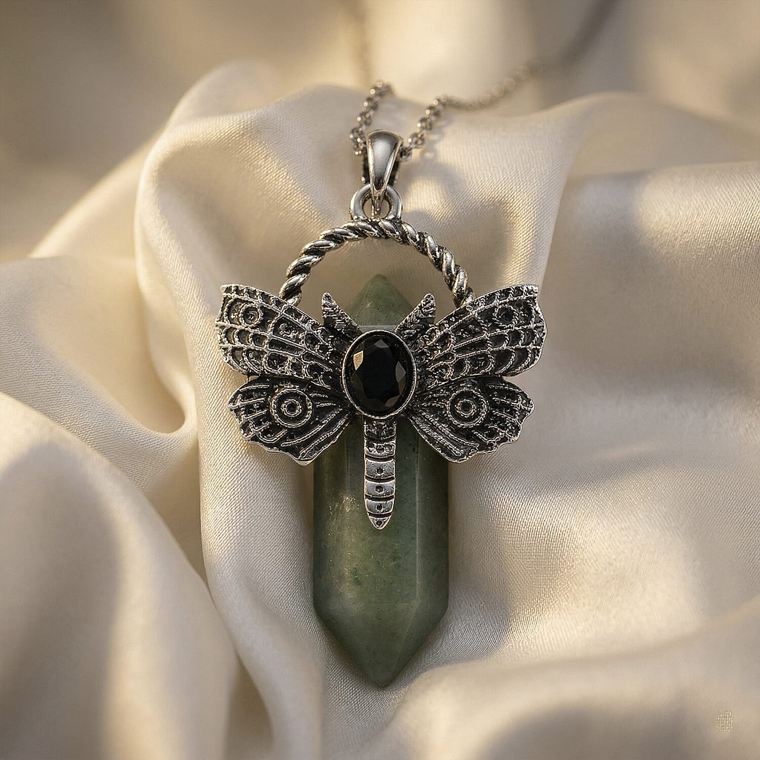 Green Aventurine and Black Austrian Crystal 62.00 ctw Pendant in Silvertone with Stainless Steel Necklace 20 Inches