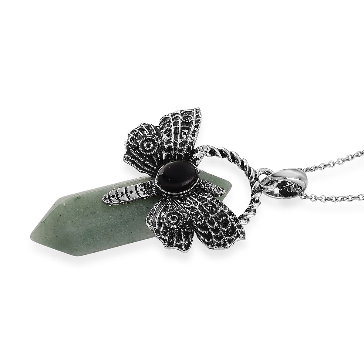 Green Aventurine and Black Austrian Crystal 62.00 ctw Pendant in Silvertone with Stainless Steel Necklace 20 Inches