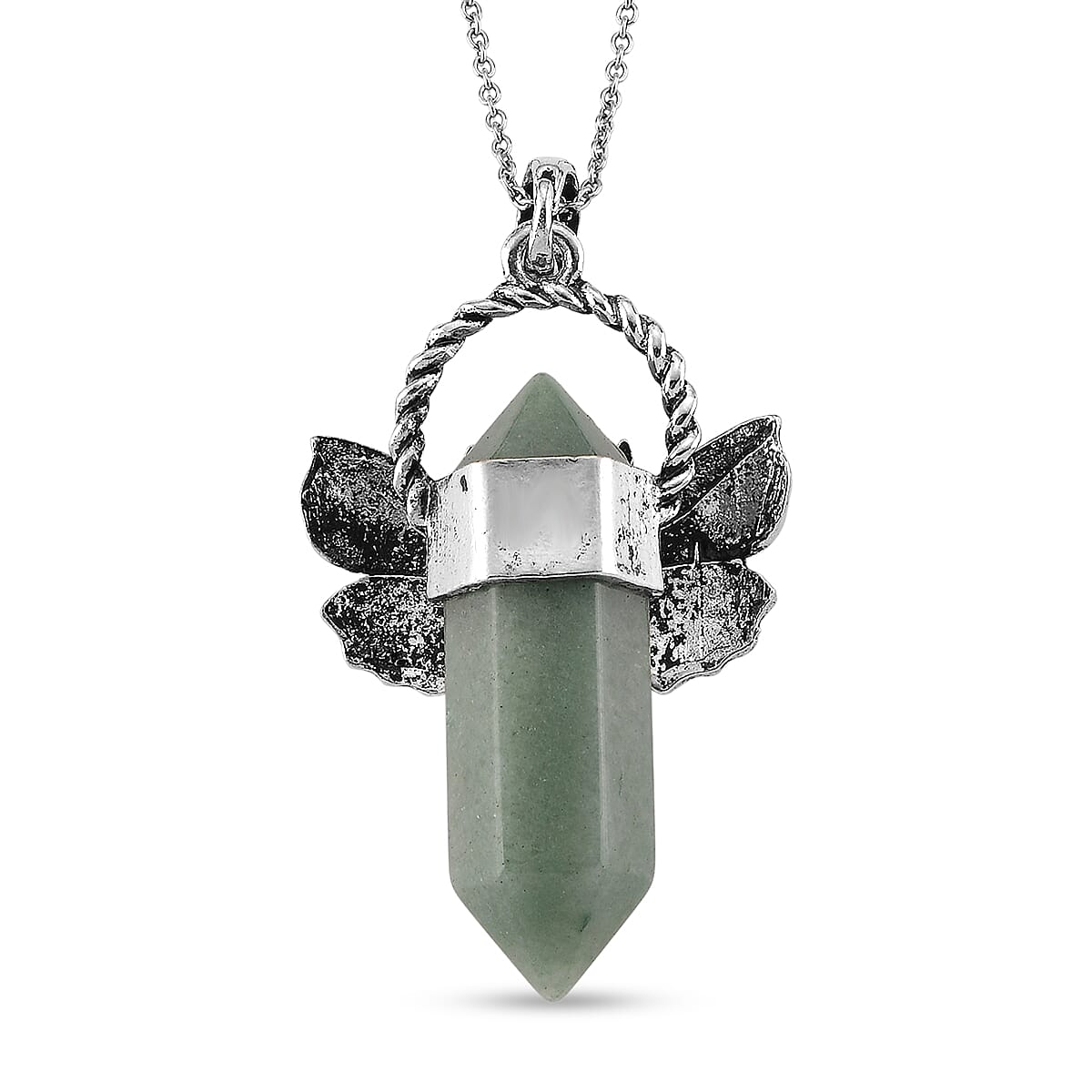 Green Aventurine and Black Austrian Crystal 62.00 ctw Pendant in Silvertone with Stainless Steel Necklace 20 Inches