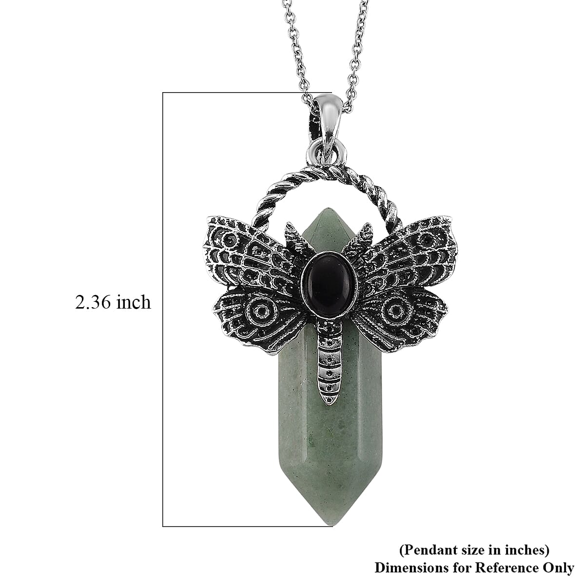 Green Aventurine and Black Austrian Crystal 62.00 ctw Pendant in Silvertone with Stainless Steel Necklace 20 Inches