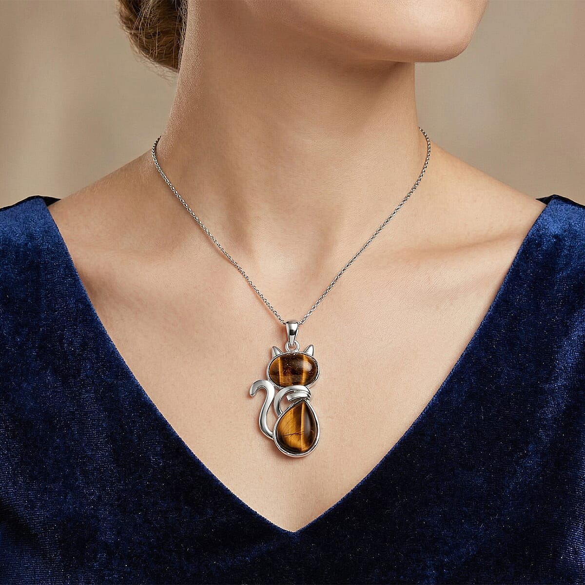 Yellow Tiger's Eye 33.00 ctw Pendant in Silvertone with Stainless Steel Necklace 20 Inches image number 2