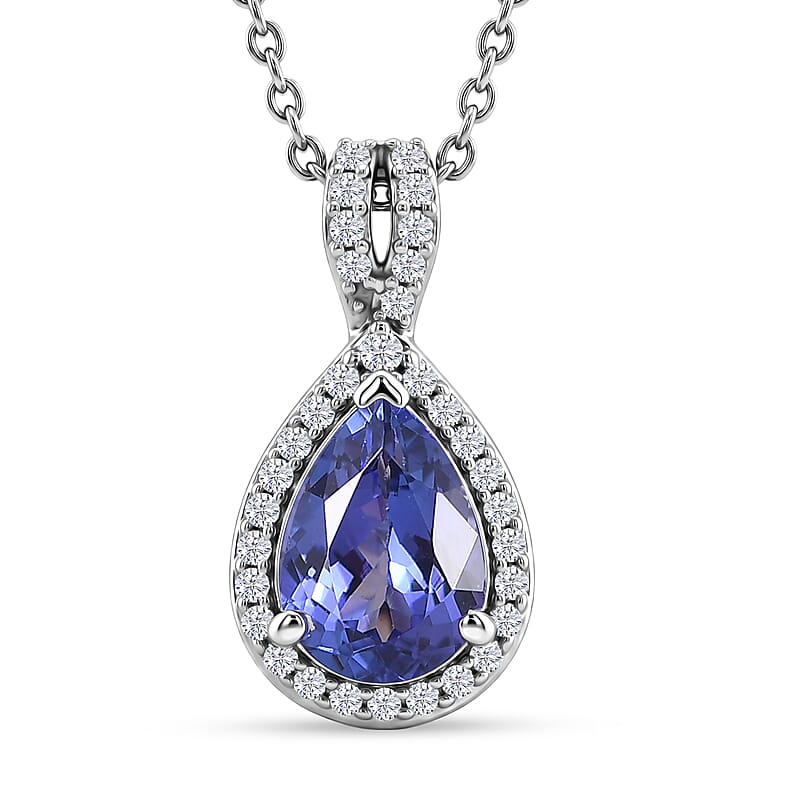 D'Joy Premium Tanzanite and Moissanite 1.60 ctw Infinity Halo Pendant Necklace in Rhodium Over Sterling Silver 20 Inches