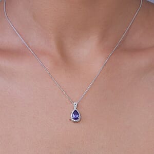 D'Joy Premium Tanzanite and Moissanite 1.60 ctw Infinity Halo Pendant Necklace in Rhodium Over Sterling Silver 20 Inches 