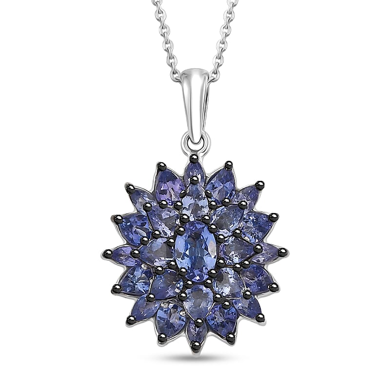 D'Joy Tanzanite 3.50 ctw Royal Flower Spark Pendant Necklace in Rhodium Over Sterling Silver 20 Inches