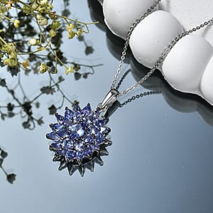 D'Joy Tanzanite 3.50 ctw Royal Flower Spark Pendant Necklace in Rhodium Over Sterling Silver 20 Inches 