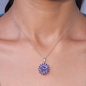 D'Joy Tanzanite 3.50 ctw Royal Flower Spark Pendant Necklace in Rhodium Over Sterling Silver 20 Inches 