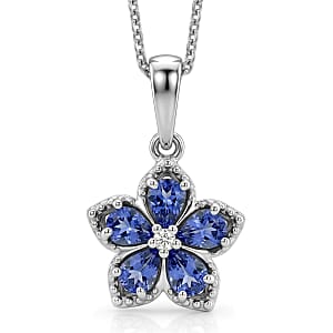 D'Joy Tanzanite and Moissanite 0.75 ctw Floral Bloom Pendant Necklace in Rhodium Over Sterling Silver 20 Inches 