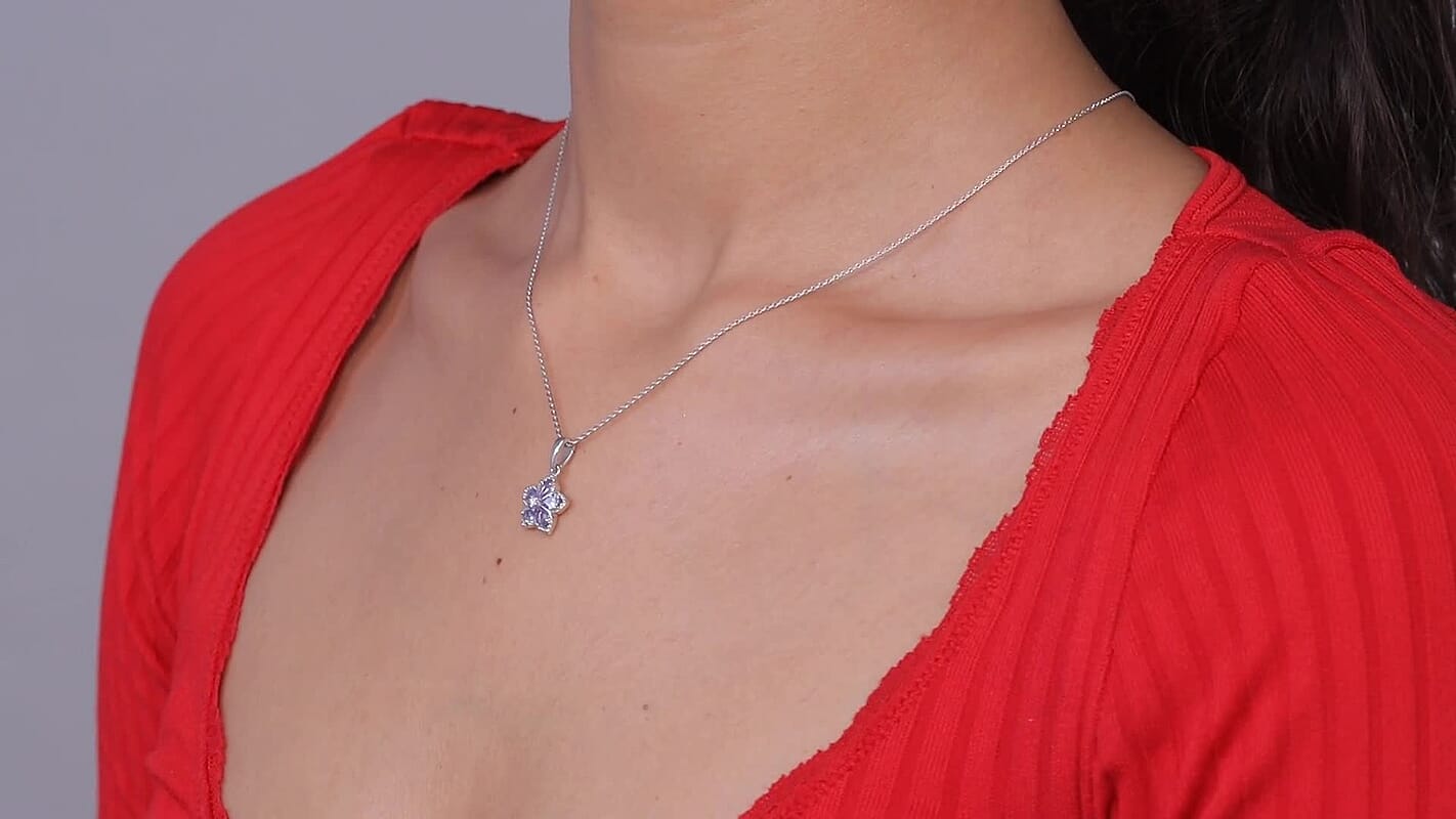 D'Joy Tanzanite and Moissanite 0.75 ctw Floral Bloom Pendant Necklace in Rhodium Over Sterling Silver 20 Inches