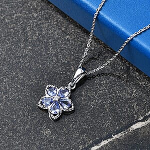 D'Joy Tanzanite and Moissanite 0.75 ctw Floral Bloom Pendant Necklace in Rhodium Over Sterling Silver 20 Inches 