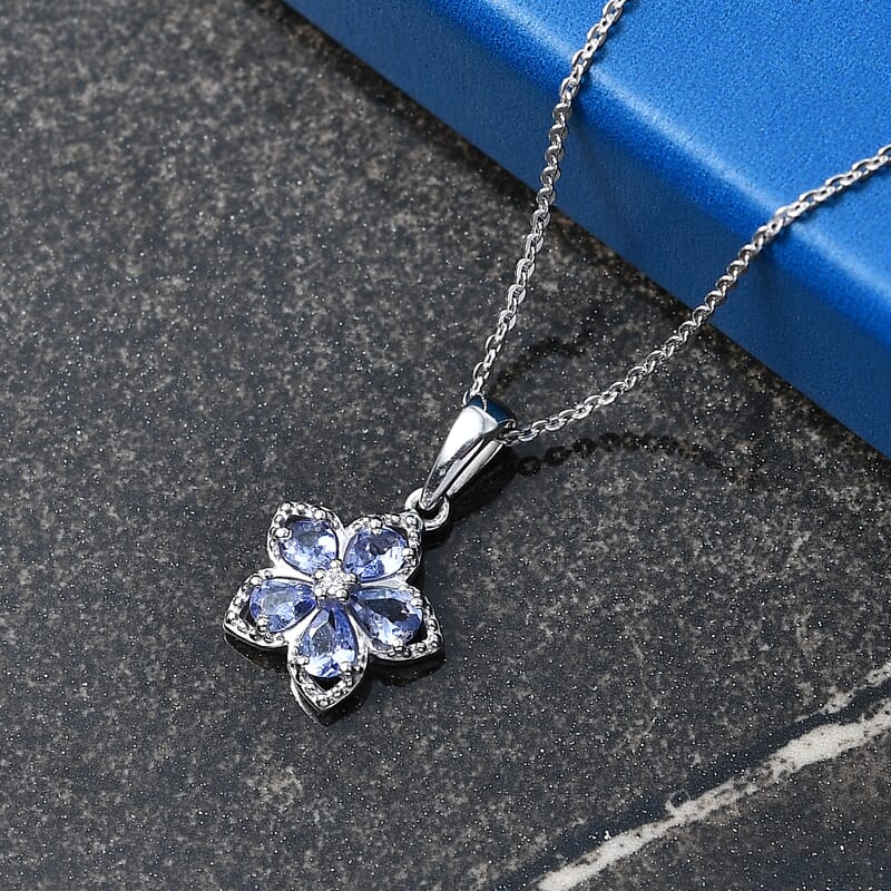 D'Joy Tanzanite and Moissanite 0.75 ctw Floral Bloom Pendant Necklace in Rhodium Over Sterling Silver 20 Inches
