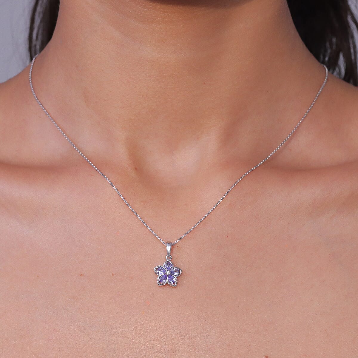 D'Joy Tanzanite and Moissanite 0.75 ctw Floral Bloom Pendant Necklace in Rhodium Over Sterling Silver 20 Inches  image number 2